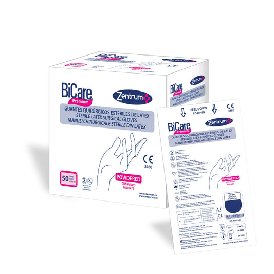 Guantes quirúrgicos estériles de látex con polvo, caja 50 pares