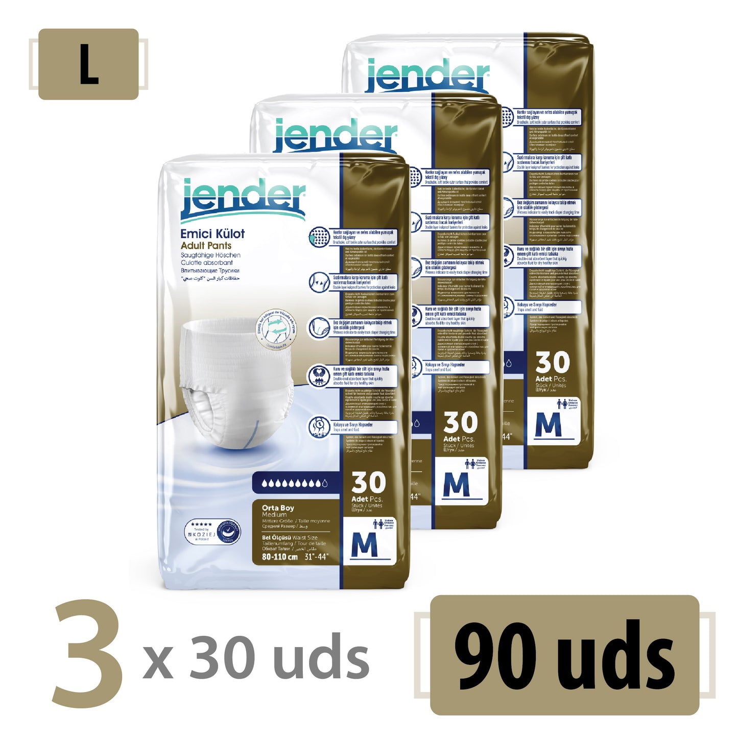 Pañales Tipo Braguita Jender Talla M – 90 Unidades (3x30)