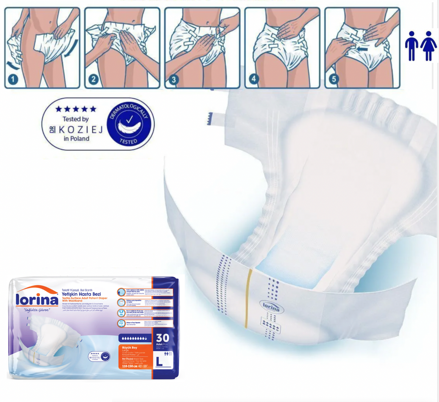 Pañales para adultos Lorina, talla L, 120 unidades (4 x 30), paquete económico