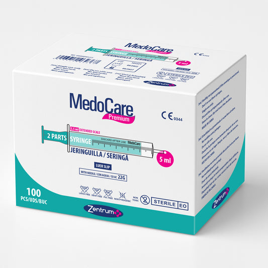 Jeringa de 5 ml de dos cuerpos con aguja 22G
