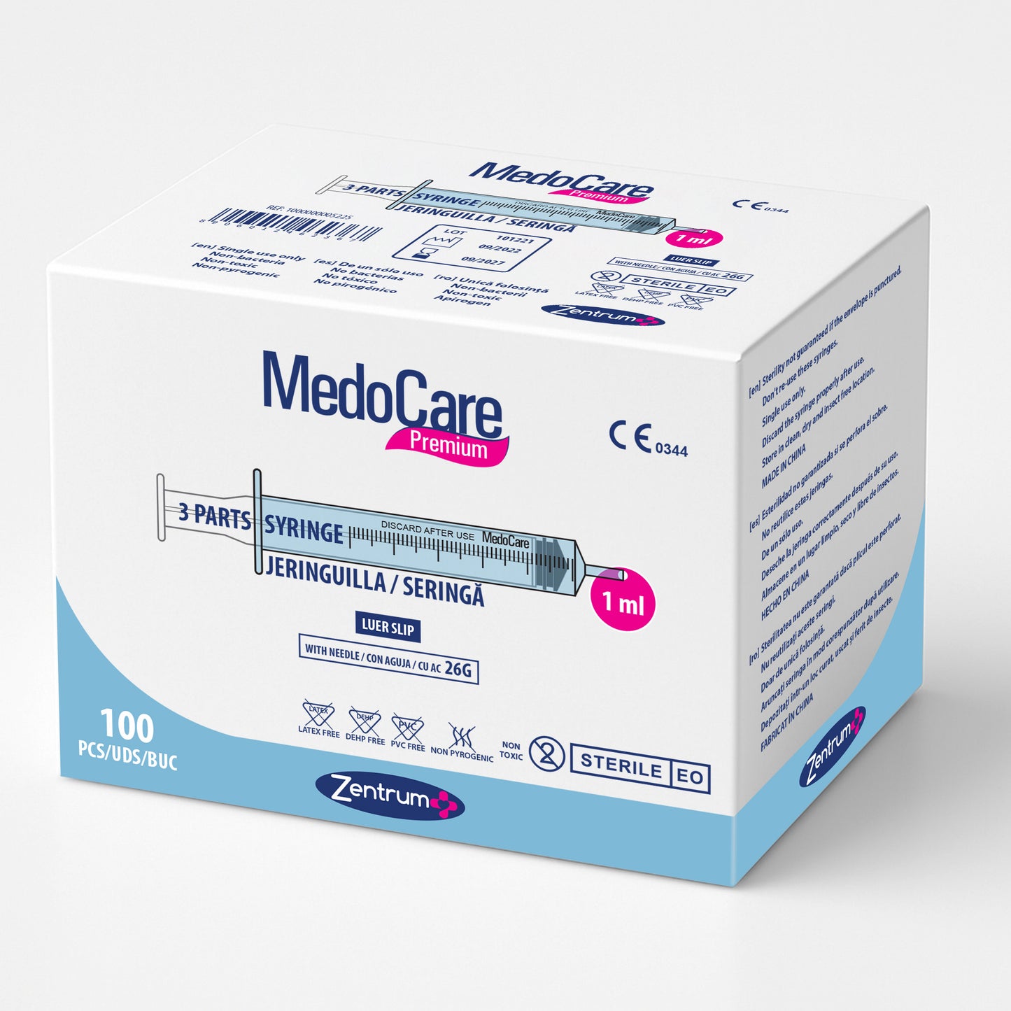 Jeringuillas de 1 ml de tres cuerpos Luer Slip con aguja 26G, caja 100 uds