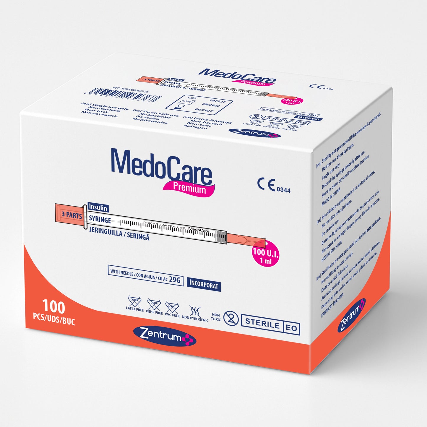 Jeringa para insulina con aguja integrada 29G, caja 100 uds