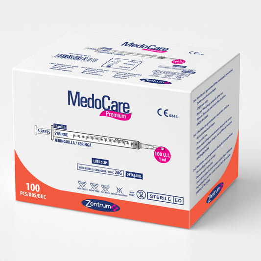 Jeringa para insulina de tres cuerpos 1 ml con aguja montada 26G