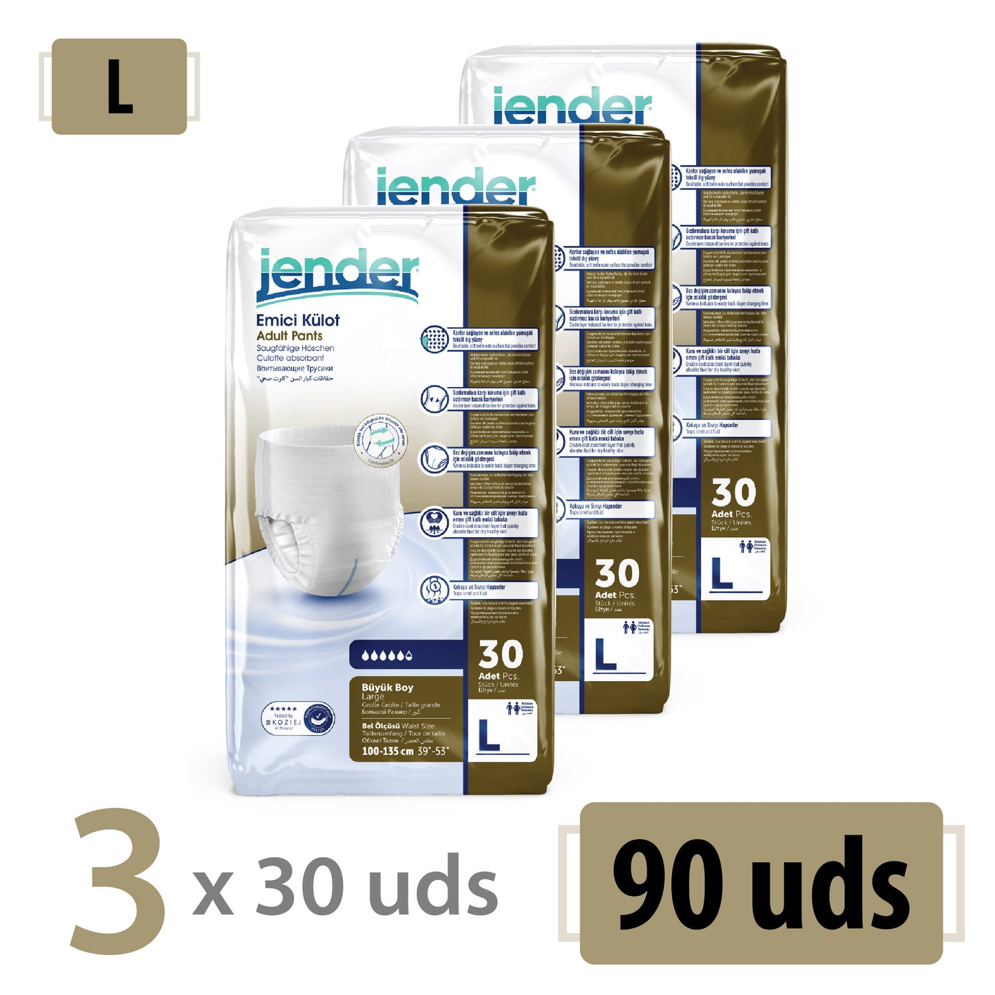 Pañales Tipo Bragas Jender Talla L – Pack 90 Unidades (3x30) para Adultos