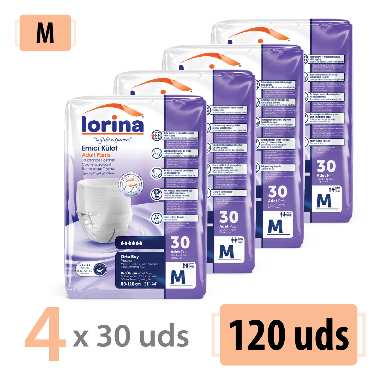 Bragas Lorina Talla M – 120 Unidades (4x30)