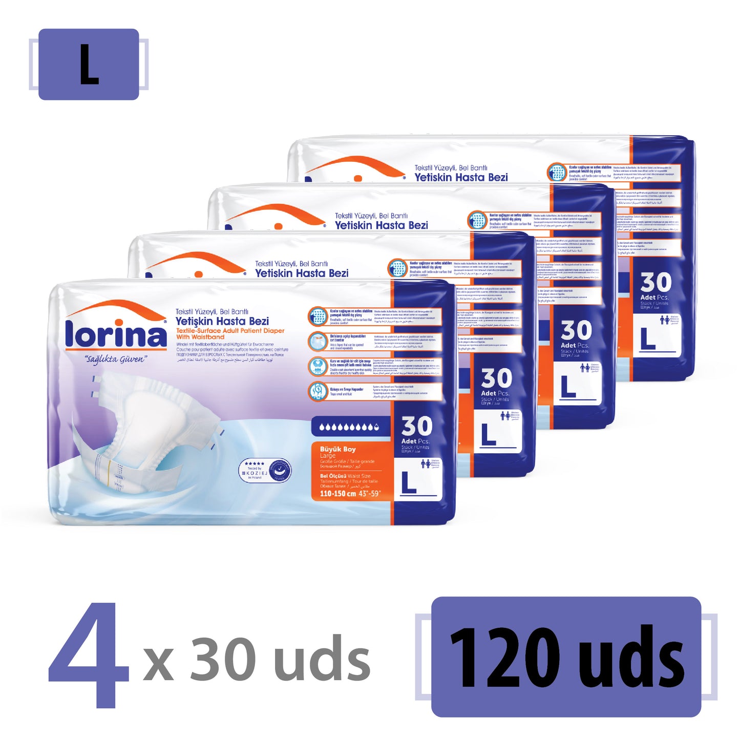 Pañales para adultos Lorina, talla L, 120 unidades (4 x 30), paquete económico